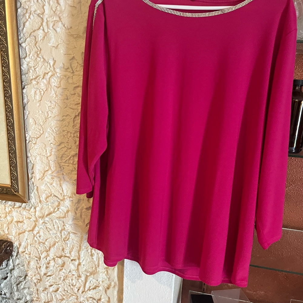 Women's Fuchsia Long Sleeve Top with Embellished Neckline